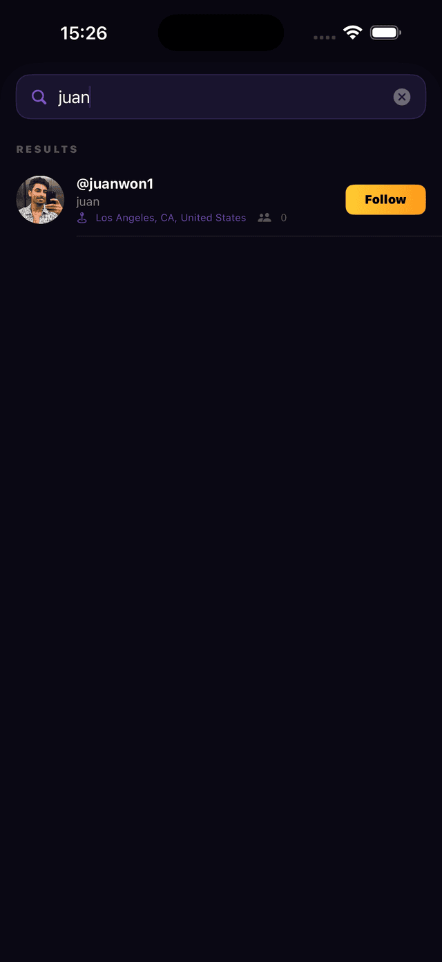 Find People search screen showing a search for 'juan' with a matching user result displaying profile photo, username, location, follower count, and Follow button