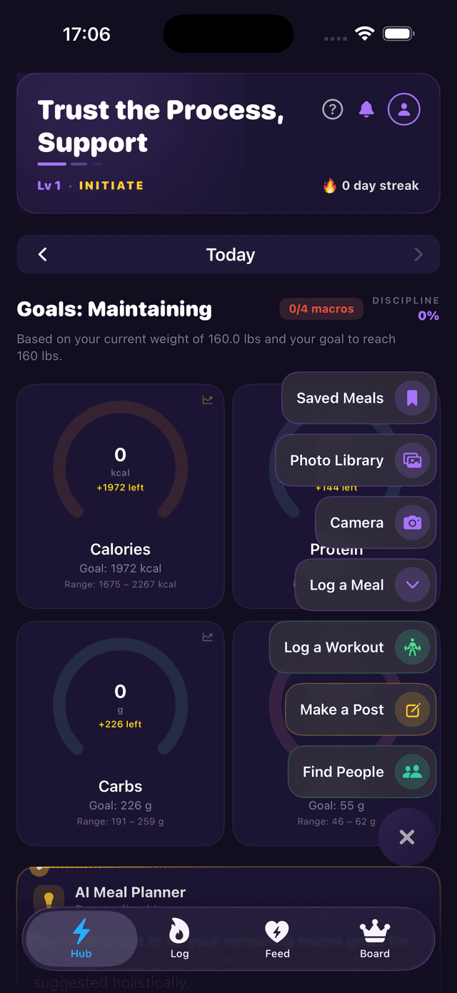 Hub screen with expanded quick-action menu showing Saved Meals, Photo Library, Camera, Log a Meal, Log a Workout, Make a Post, and Find People options