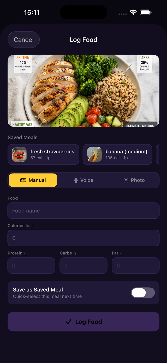 Log Food screen in Manual mode showing fields for food name, calories, protein, carbs, fat, and a Save as Saved Meal toggle