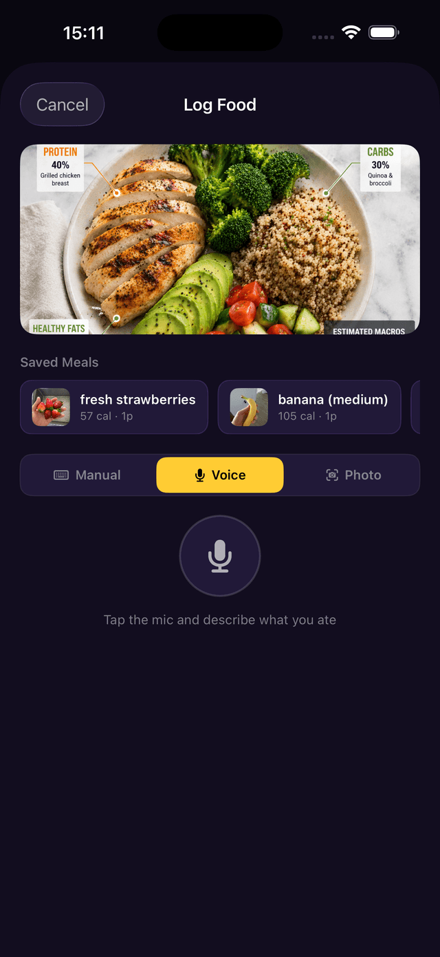 Log Food screen in Voice mode showing the microphone button and prompt to tap and describe what you ate