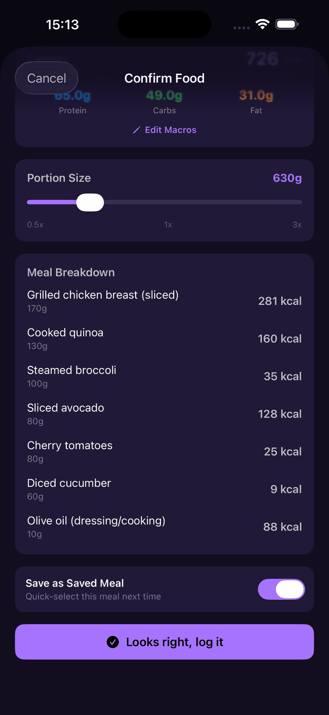 Confirm Food screen scrolled down showing full meal breakdown with each ingredient, calories, portion size slider, Save as Saved Meal toggle, and Looks right log it button