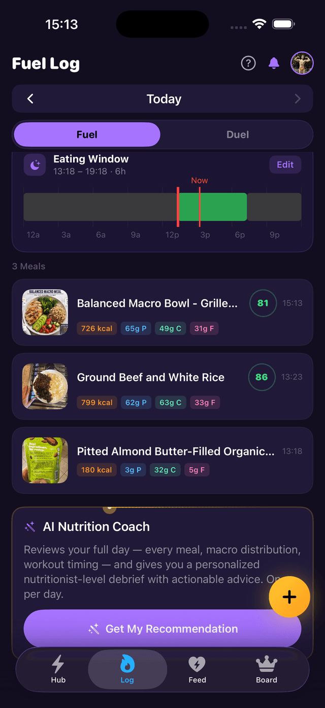 Fuel Log tab showing eating window timeline, three logged meals with photos and macro summaries, meal scores, and the AI Nutrition Coach recommendation button