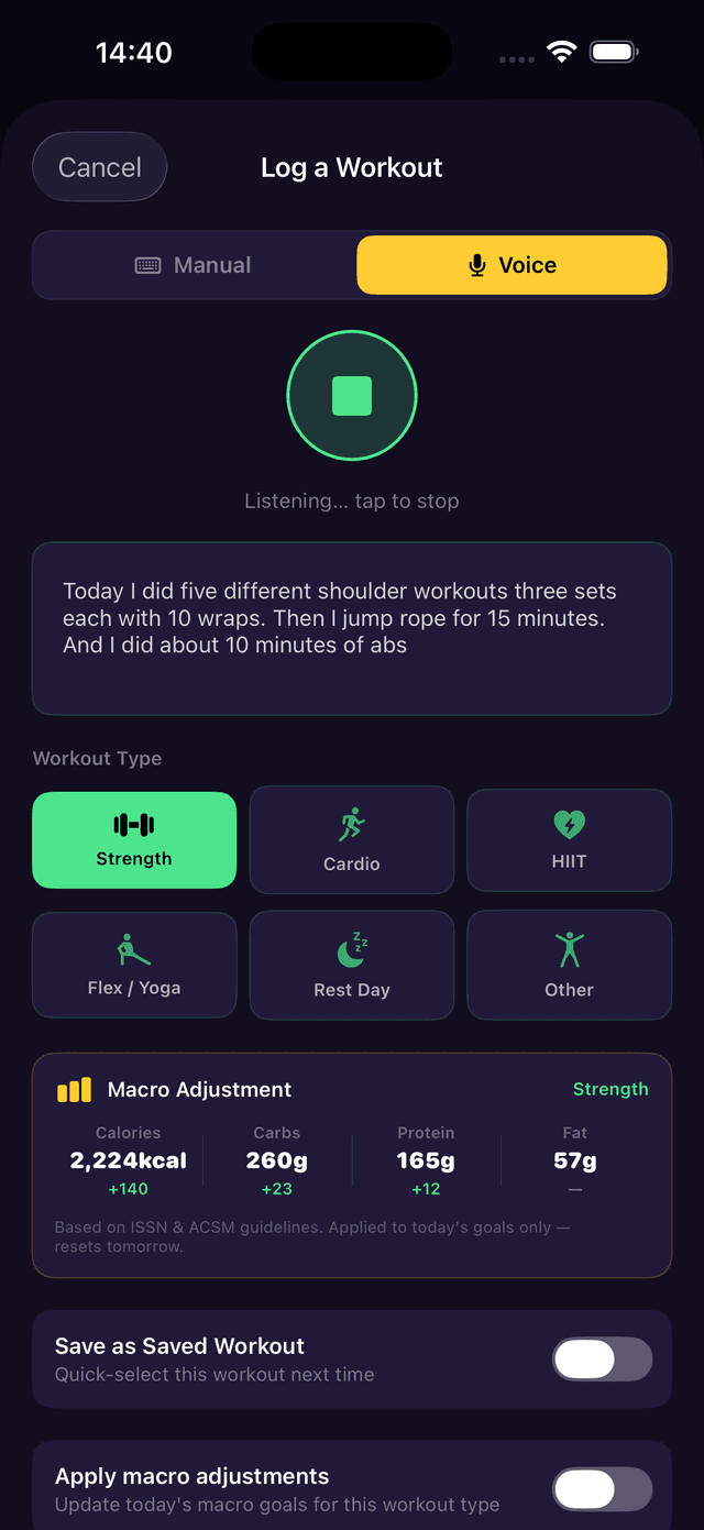 Voice recording in progress, showing the microphone listening and transcribed workout description