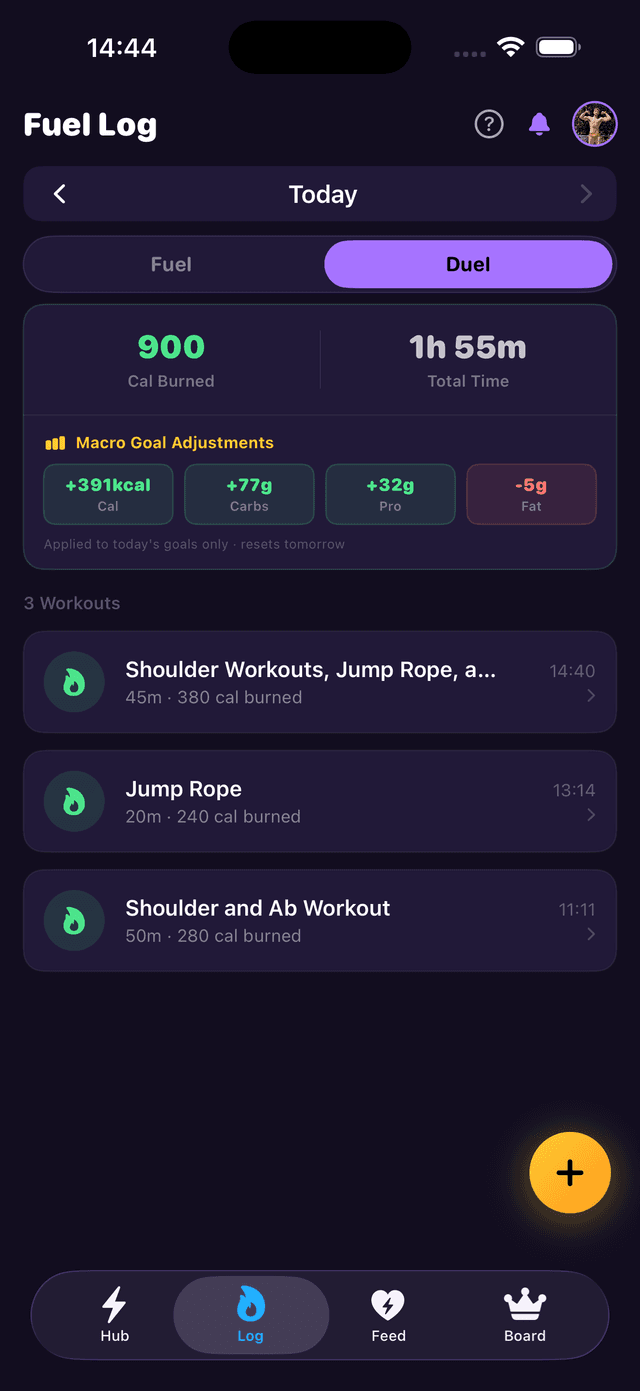 Log tab Duel view showing total calories burned, total workout time, macro goal adjustments, and list of individual workouts