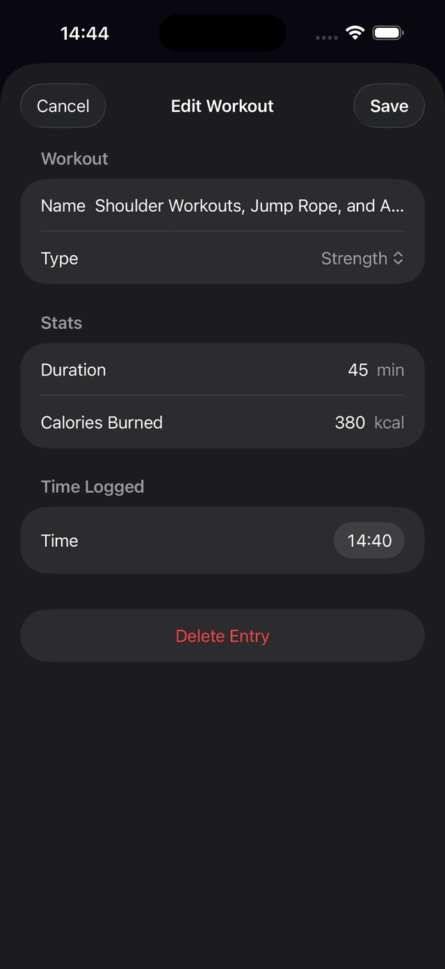 Edit Workout screen showing editable fields for name, type, duration, calories burned, and time, with Save and Delete Entry options