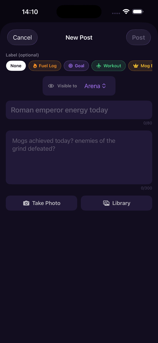 New Post screen showing label options, visibility picker, title field, body field, and photo buttons