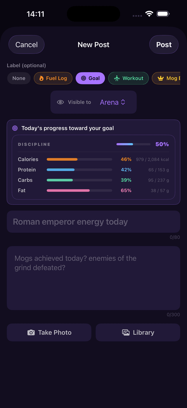 New Post screen with Goal label selected, showing discipline percentage and macro progress bars