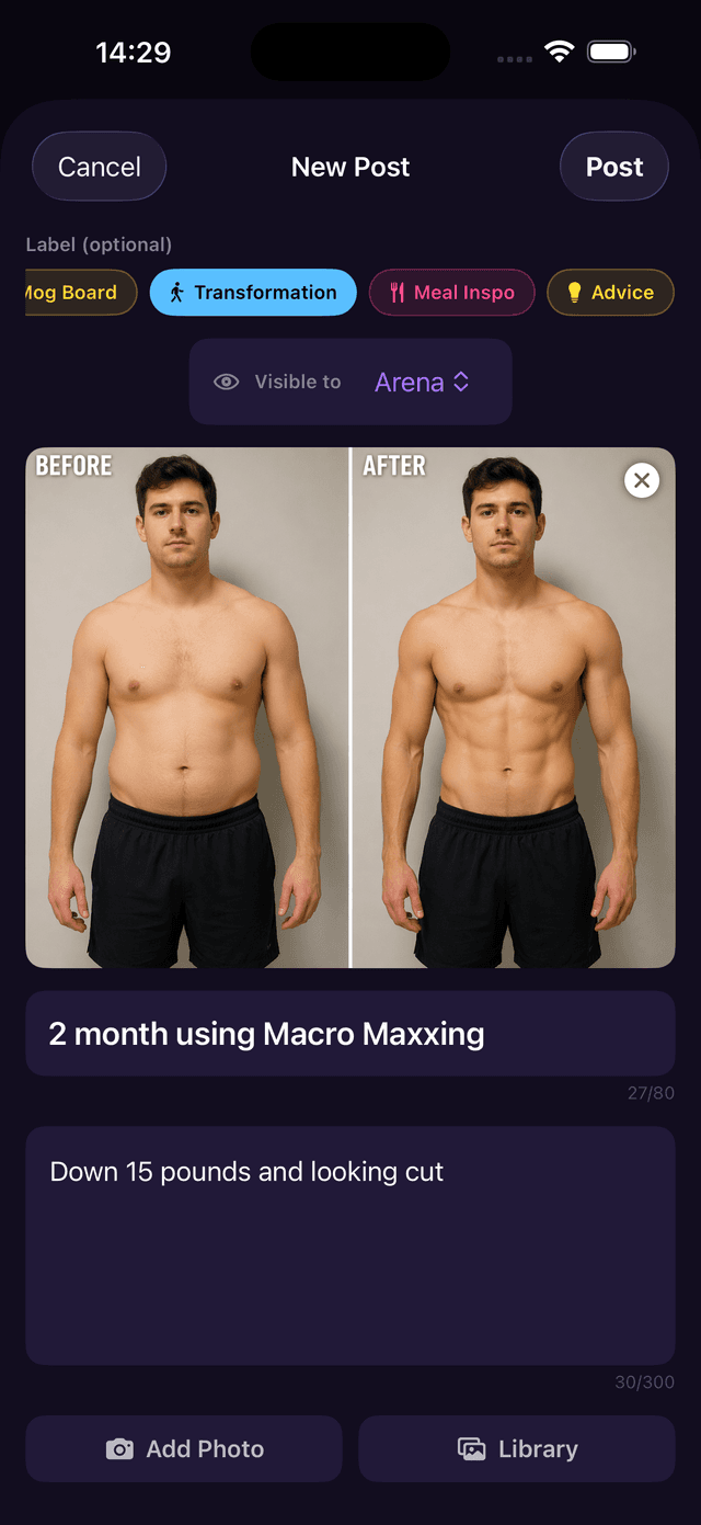 New Post screen with Transformation label selected, showing a before and after photo with progress details