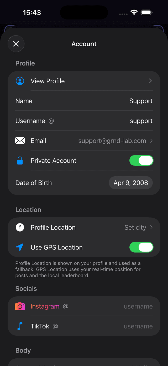 Account settings showing Profile section with View Profile, Name, Username, Email, Private Account toggle, Date of Birth, Location settings, and Socials