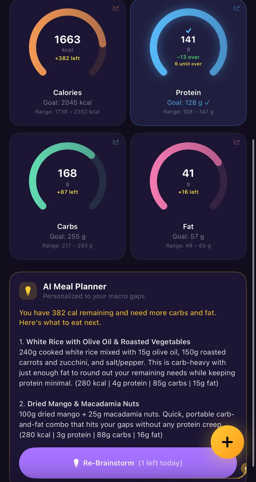 AI Meal Planner showing personalized meal suggestions based on remaining macro gaps